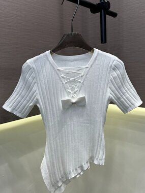 CHANEL tie-up bow knit top